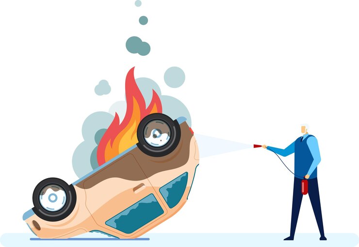 Vector bombero usando un extintor para extinguir las llamas en un coche volcado en llamas que ilustra un accidente automovilístico y un escenario de seguro con énfasis en la respuesta de emergencia y la seguridad