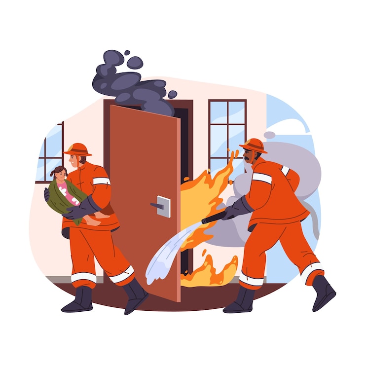Vector bomberos apagando incendios o bomberos rescatando niños ilustración vectorial de un edificio de bomberos