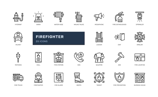 bomberos bomberos llama de emergencia peligro contorno línea icono conjunto