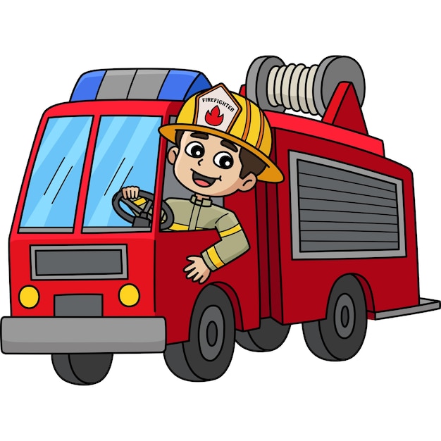 Bomberos conduciendo un camión de bomberos Clipart de dibujos animados
