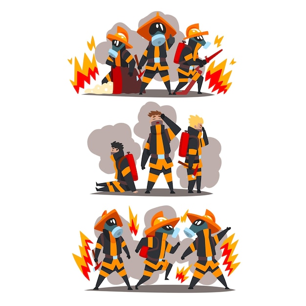 Bomberos con equipo de extinción de incendios, personajes de bomberos uniformados y máscaras protectoras en el trabajo.