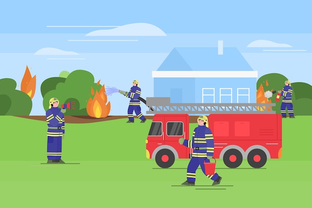 Los bomberos extinguen un fuego al aire libre. Los bomberos en uniforme usan el extintor y el agua de la manguera y el balde para extinguir el fuego alrededor de la casa.