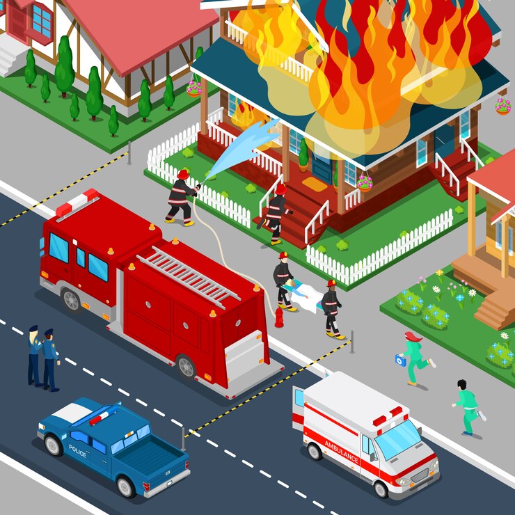 Vector los bomberos extinguen un incendio en la casa de la ciudad isométrica. el bombero ayuda a la mujer herida.