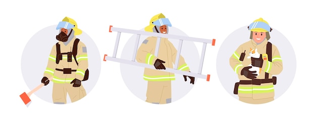 Bomberos héroes personajes de dibujos animados con uniforme con equipo aislado composición redonda