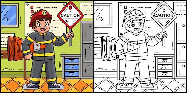 Bomberos con una ilustración para colorear las señales de seguridad