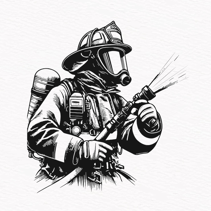 Vector bomberos con manguera y máscara silueta arte vectorial