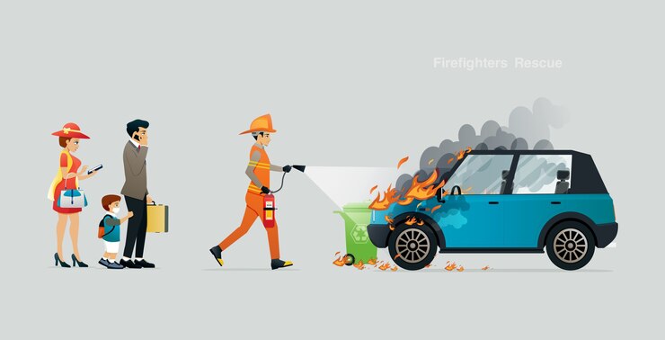 Vector los bomberos de rescate están ayudando a un automóvil familiar en el incendio
