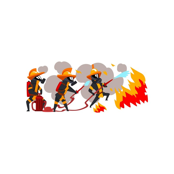 Vector bomberos rociando agua sobre personajes de bomberos en uniforme y máscara en el vector de trabajo