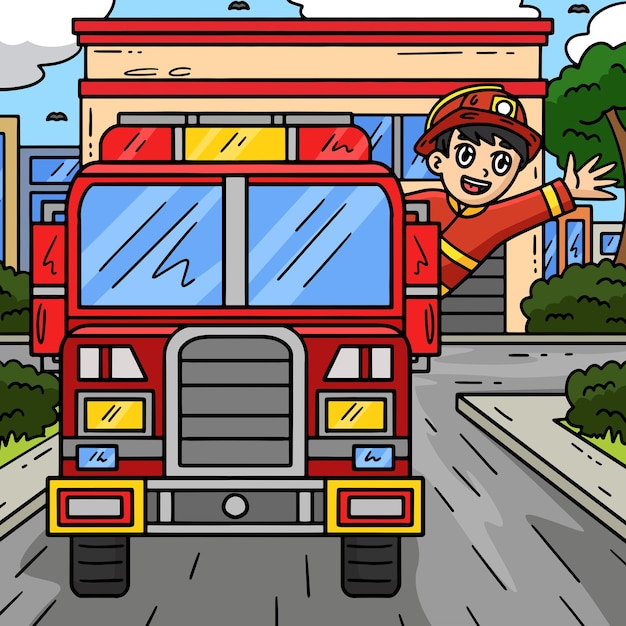 Bomberos saludando desde el camión de bomberos dibujos animados a color