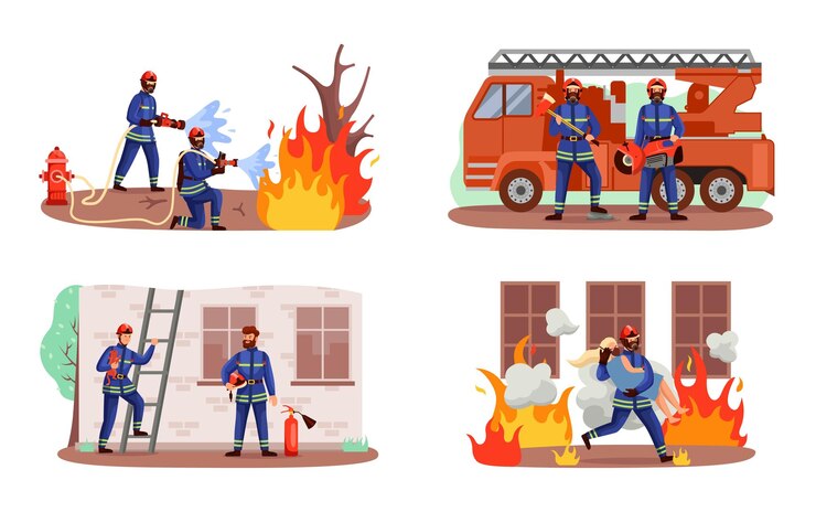 Vector bomberos trabajadores del servicio de rescate de emergencia en uniforme bravos bomberos que salvan a las personas del concepto de incendio personas de rescate que extinguen las llamas asistencia a las víctimas vector de actividades de extinción de incendios establecido