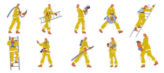 Bomberos en el trabajo personas con trajes vector