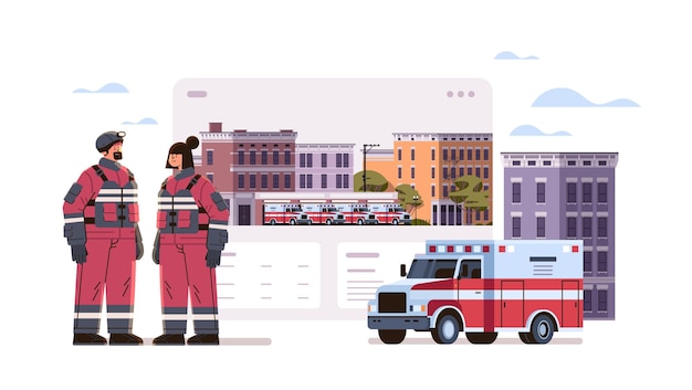 Bomberos uniformados de pie cerca de la fachada de la casa del departamento del edificio de la estación de bomberos y vehículos de emergencia rojos ilustración vectorial horizontal de longitud completa
