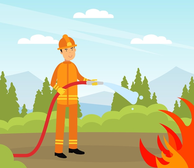 Bomberos con uniforme naranja y casco de protección con ilustración del vector de incendio de extinción de la manguera