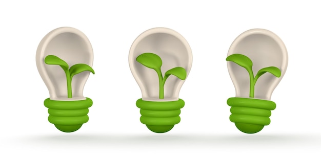 Bombilla 3d con brote verde en estilo de dibujos animados Energía verde energía limpia calentamiento global reciclar proteger el concepto de medio ambiente Ilustración vectorial