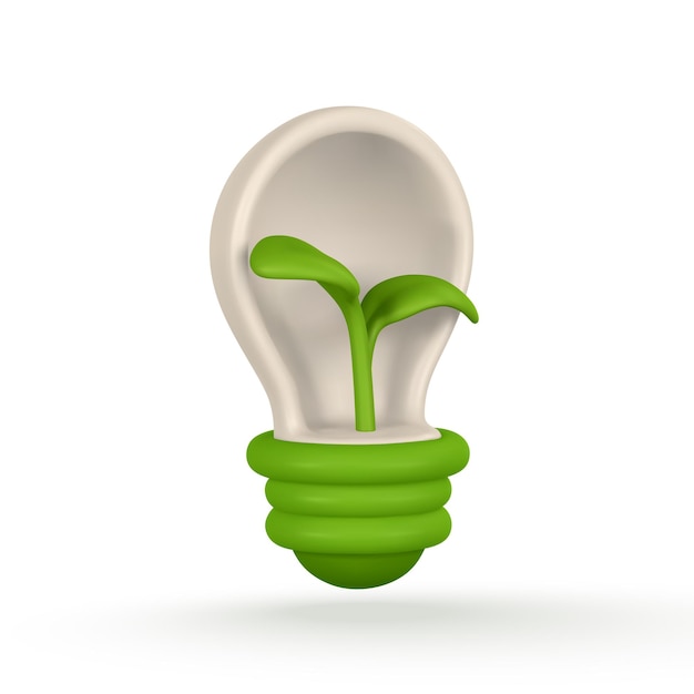 Bombilla 3d con brote verde en estilo de dibujos animados Energía verde energía limpia calentamiento global reciclar proteger el concepto de medio ambiente Ilustración vectorial