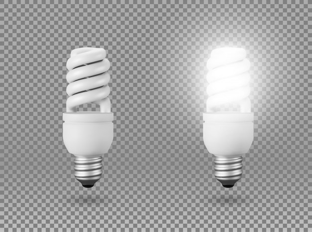 Bombilla de ahorro de energía aislada, objeto sobre un fondo transparente, el efecto de la luz y el resplandor. Objeto 3d realista, símbolo de creatividad e ideas. Concepto de negocio o startup.