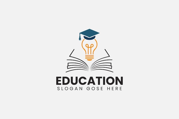Bombilla brillante con tapa de graduación por encima de un libro abierto para un diseño de logotipo