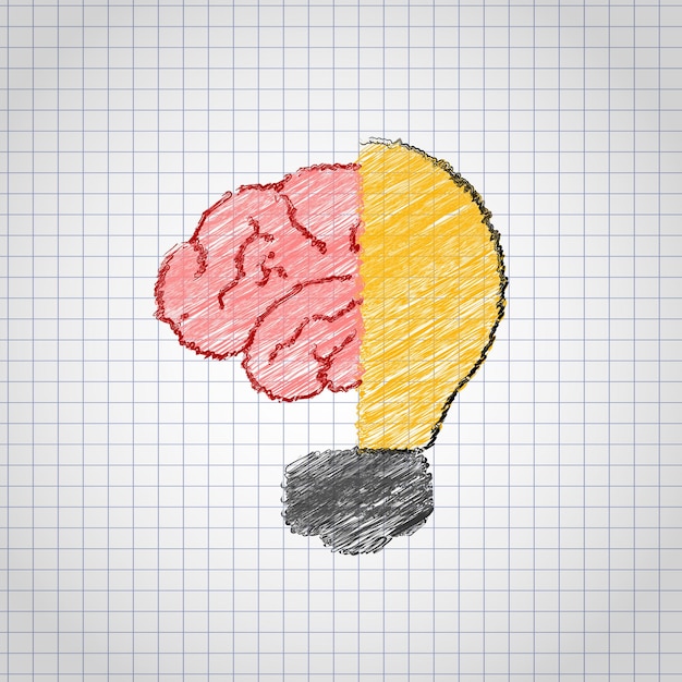 Bombilla y cerebro en el cuaderno