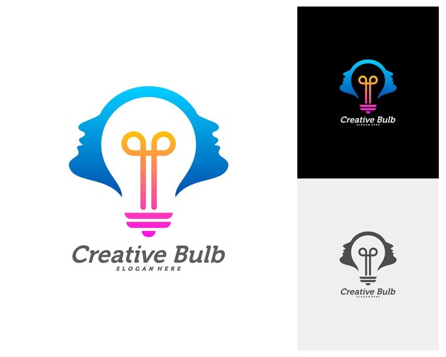 Bombilla creativa con conceptos de logotipo de personas de cabeza iconos de colores abstractos elementos y plantilla de símbolos Vector