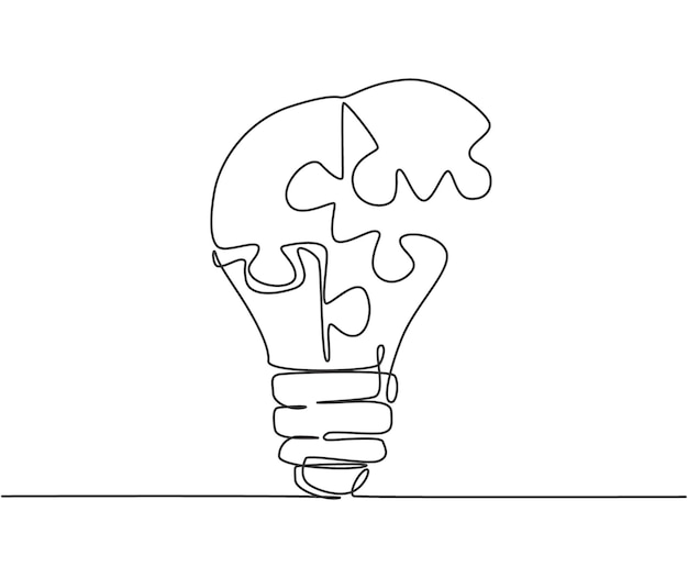 Una bombilla de dibujo de una sola línea con piezas de rompecabezas formando el logotipo Vector de diseño de iconos de trabajo en equipo