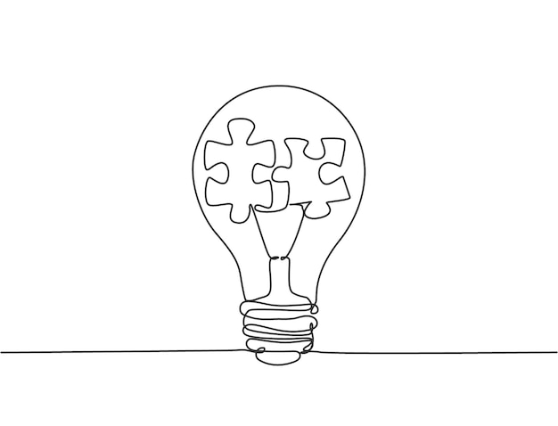 Una bombilla de dibujo de una sola línea con piezas de rompecabezas en el interior para la identidad del logotipo de la empresa del equipo creativo