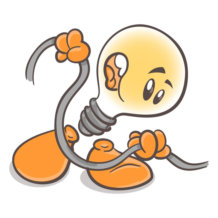 Vector bombilla de dibujos animados de carácter emocional con cables sobre fondo blanco