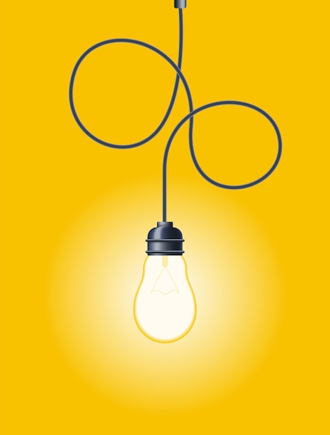 Bombilla de diseño decorativo Línea desordenada y bombilla Concepto de idea con lámpara de contorno Cordón enredado de fideos con nudo e iluminador