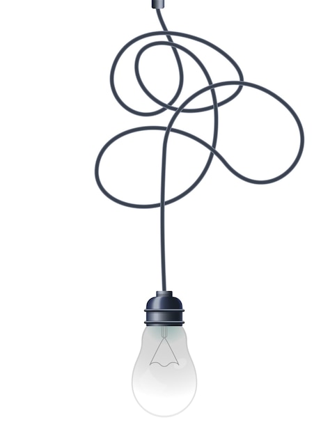 Bombilla de diseño decorativo línea desordenada y bombilla concepto de idea con lámpara de contorno cordón enredado de fideos con nudo e iluminador