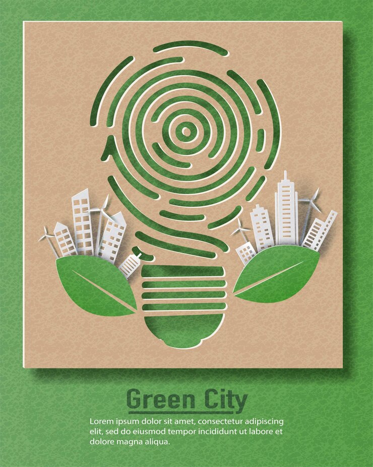 Vector bombilla de huellas dactilares con una ciudad, salvar el planeta y el concepto de energía.