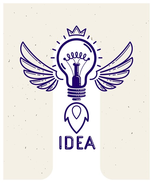 Bombilla de idea con alas que se lanzan como un logotipo o icono lineal de vector de cohete, puesta en marcha de ideas creativas, invención científica o bombilla de investigación, comienzo de nuevos negocios.