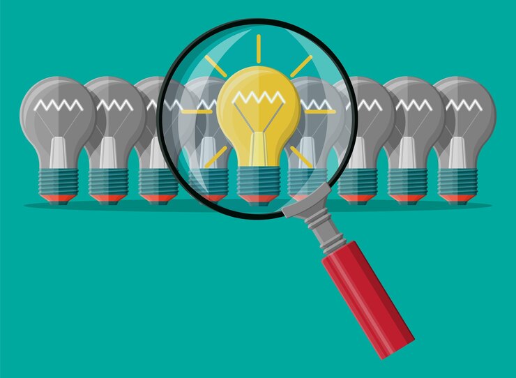 Vector bombilla de idea de luz brillante bajo lupa individualidad de singularidad que se destaca de manera diferente de la multitud creatividad ideas inspiración motivación inicio de negocios ilustración de vector plano