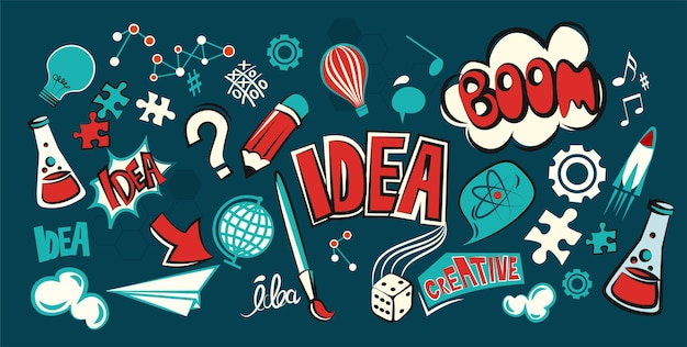 Bombilla ideas concepto garabatos iconos conjunto y dibujo estrategia empresarial ilustración vectorial