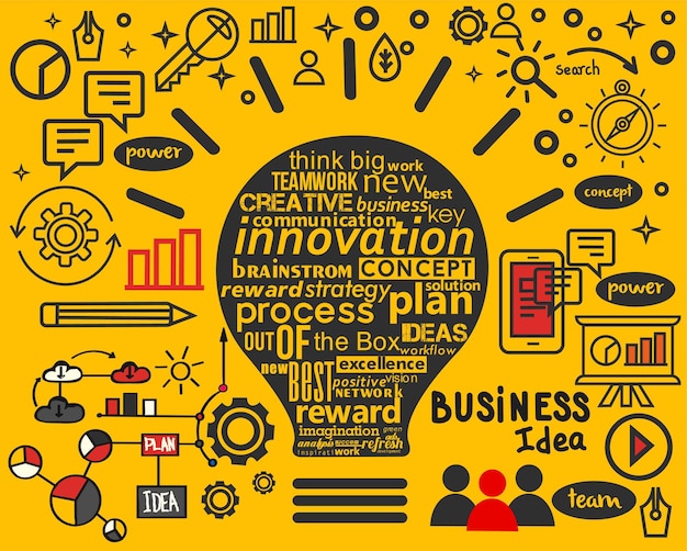 Bombilla ideas concepto garabatos iconos conjunto y dibujo estrategia empresarial ilustración vectorial