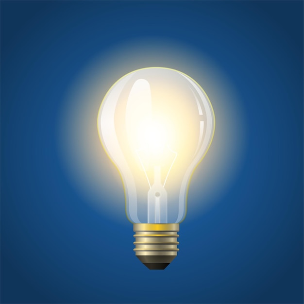 Bombilla incandescente incandescente - ilustración aislada realista vector moderno sobre fondo azul. Objeto de alta calidad, imágenes prediseñadas. Puede utilizarse como metáfora de energía, pensamiento, proceso mental, ideas.