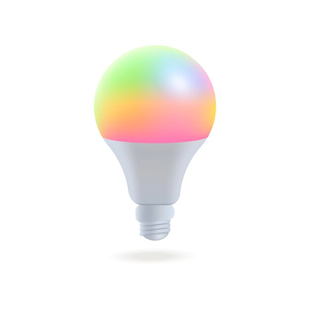 Bombilla LED de colores para ilustración 3D de lámparas. Dibujo de dibujos animados de bombilla inteligente moderna en estilo 3D sobre fondo blanco. Equipo, electricidad, concepto de tecnología.