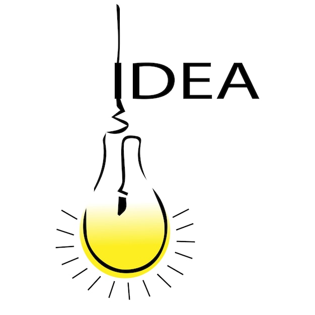 La bombilla con una luz amarilla se dibuja a mano la bombilla brillante se enciende con la inscripción Idea