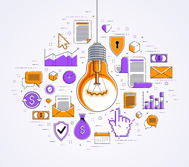 Bombilla de luz brillante y conjunto de iconos, concepto creativo de idea de negocio, alegoría del comercio electrónico, negocios en Internet, mercado o tienda en línea, ilustración vectorial.