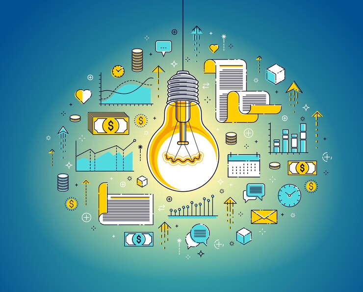 Vector bombilla de luz brillante y conjunto de iconos, concepto creativo de idea de negocio, alegoría del comercio electrónico, negocios en internet, mercado o tienda en línea, ilustración vectorial.
