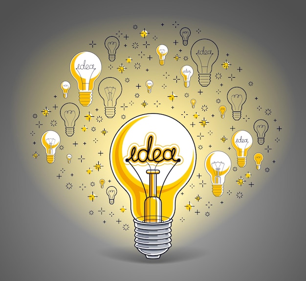 Bombilla de luz brillante y conjunto de iconos, concepto creativo de idea de negocio, alegoría del comercio electrónico, negocios en Internet, mercado o tienda en línea, ilustración vectorial.