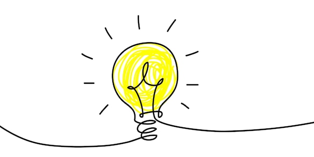 Bombilla con luz brillante Estilo de dibujos animados Estilo plano Estilo dibujado a mano Estilo Doodle Símbolo de creatividad innovación inspiración invención e ideas Ilustración vectorial