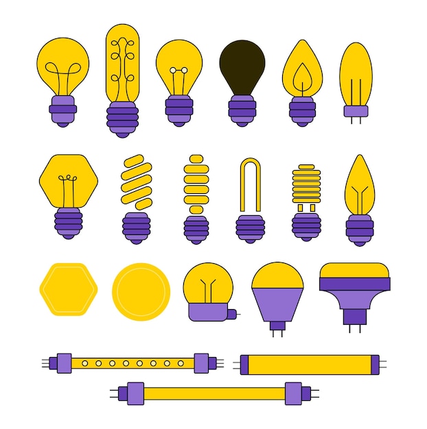 Bombilla de luz Color de moda Dispositivo eléctrico brillante abstracto minimalista Varias bombillas y tiras de luz LED de bajo consumo con diferentes conectores Bombilla de luz vectorial