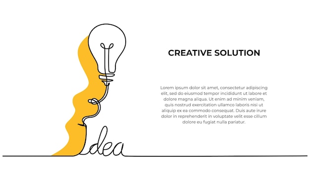 Bombilla de luz continua de una línea de dibujo vectorial solución creativa con texto de idea bosquejo de contorno de mano minimalista de la metáfora de la creatividad empresarial