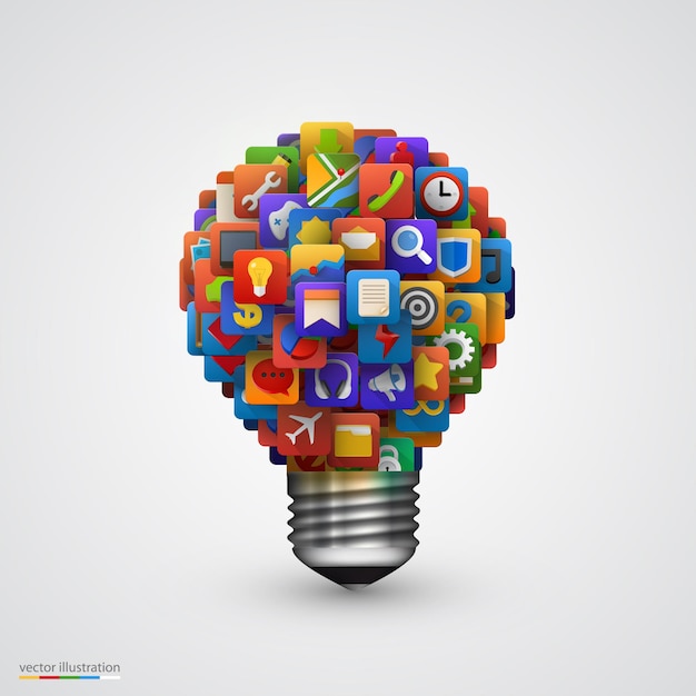 Bombilla de luz creativa moderna con el icono de la aplicación. Software empresarial y concepto de redes sociales.