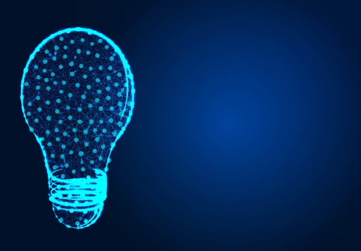 Vector bombilla de luz con idea diseños polivinílicos bajos abstractos de estructura alámbrica de línea y punto ilustración vectorial