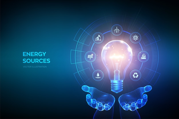 Vector bombilla de luz incandescente con iconos de recursos energéticos en las manos. concepto de ahorro de energía y electricidad. fuentes de energia.