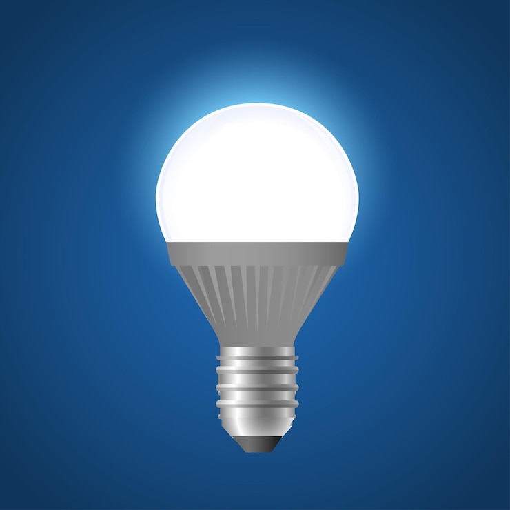 Vector bombilla de luz led que brilla intensamente - ilustración aislada realista vector moderno sobre fondo azul. objeto de alta calidad, imágenes prediseñadas. puede utilizarse como metáfora de energía, pensamiento, proceso mental, ideas.