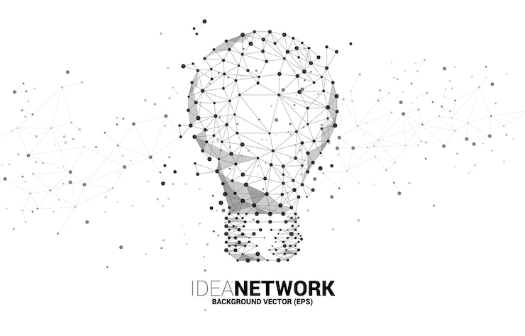 Vector bombilla de luz de líneas poligonales de estructura metálica conectar punto esfera geométrica aislada sobre fondo blanco. concepto de idea de negocio y creatividad.