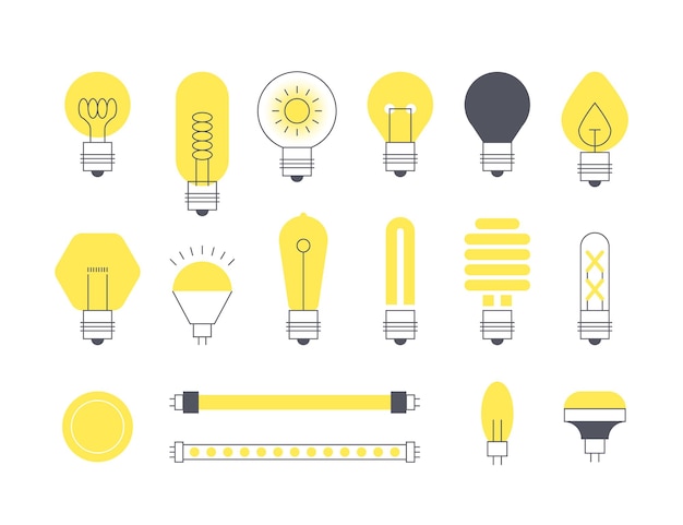 Bombilla de luz plana dispositivo eléctrico brillante abstracto minimalista varias bombillas y tiras de luz led de bajo consumo con conector diferente logotipo de bombilla de luz vectorial