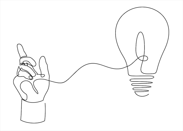 Bombilla en mano un dibujo de línea continua Lámpara eléctrica Lluvia de ideas símbolo lineal Vector