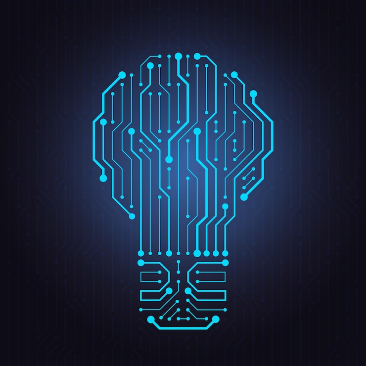 Vector bombilla de placa de circuito idea de tecnología pensamiento de inteligencia artificial digital y símbolo de vector de forma de lámpara de electrónica de computadora